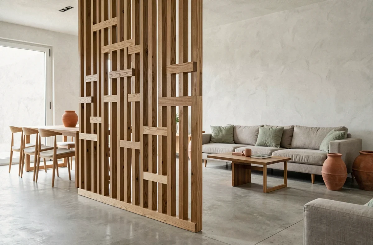 Séparation de meuble en lattes de chêne naturel dans un salon contemporain style scandinave aux tons terracotta et vert sauge