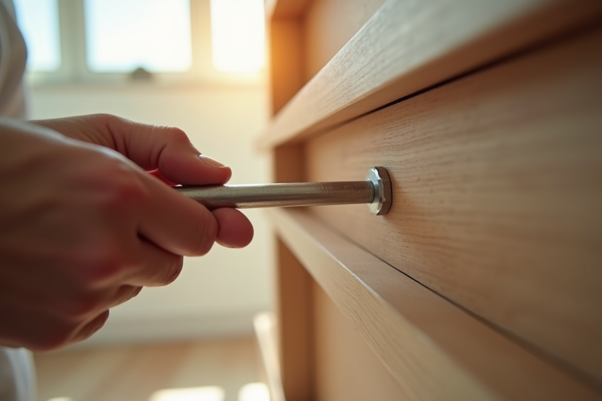 Mains utilisant une clé Allen pour serrer un boulon sur un meuble moderne