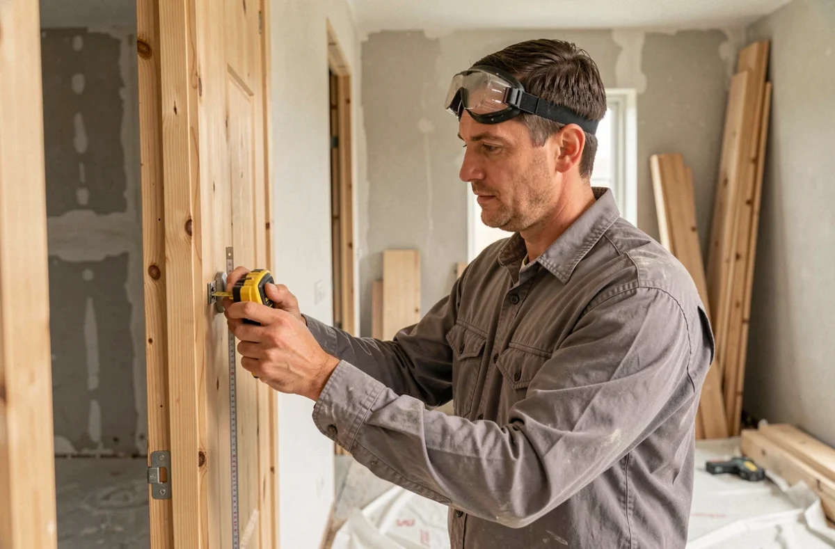 Menuisier de SG Rénovation mesurant un cadre de porte dans un chantier de rénovation à Drancy
