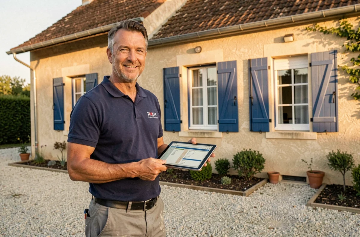 Professionnel de la Societe Dias devant une maison gasconne entièrement rénovée en Lot-et-Garonne, volets bleus et façade refaite
