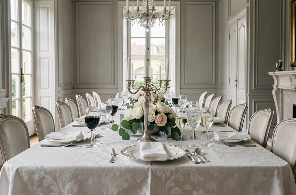 Vue d'ensemble d'une table de dîner formel à la française dressée pour six avec la disposition traditionnelle des trois verres par couvert