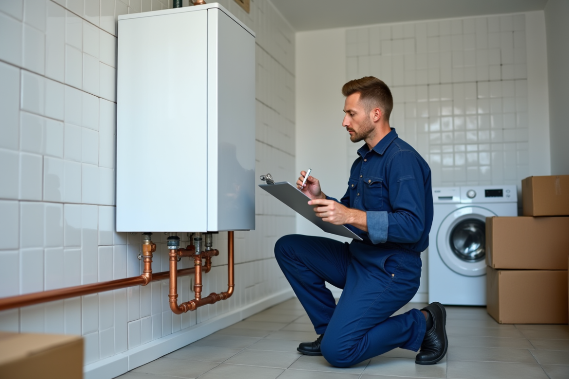 Technicien en overalls inspectant une chaudiere moderne dans une maison