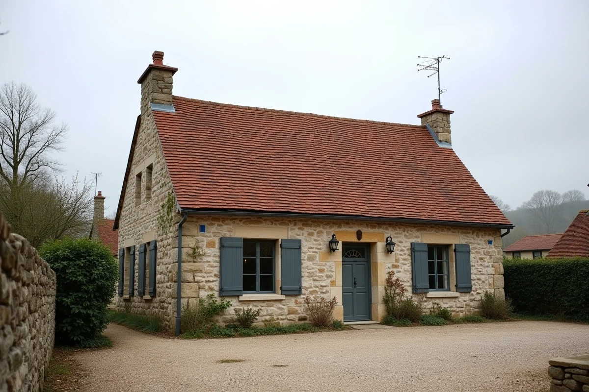 Toiture rénovée d'une ferme traditionnelle française avec tuiles plates de Bourgogne et souche de cheminée en pierre