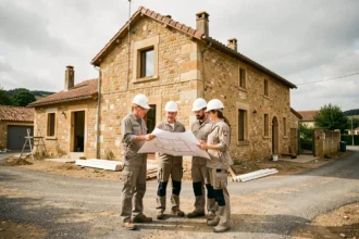 Équipe de professionnels de la rénovation devant une maison en pierre typique du Lot-et-Garonne, illustrant le top 10 des entreprises de rénovation de la région en 2026