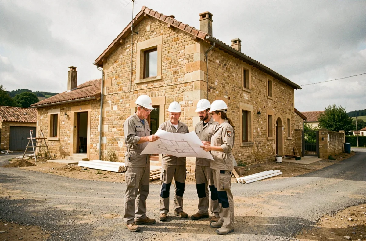 Équipe de professionnels de la rénovation devant une maison en pierre typique du Lot-et-Garonne, illustrant le top 10 des entreprises de rénovation de la région en 2026