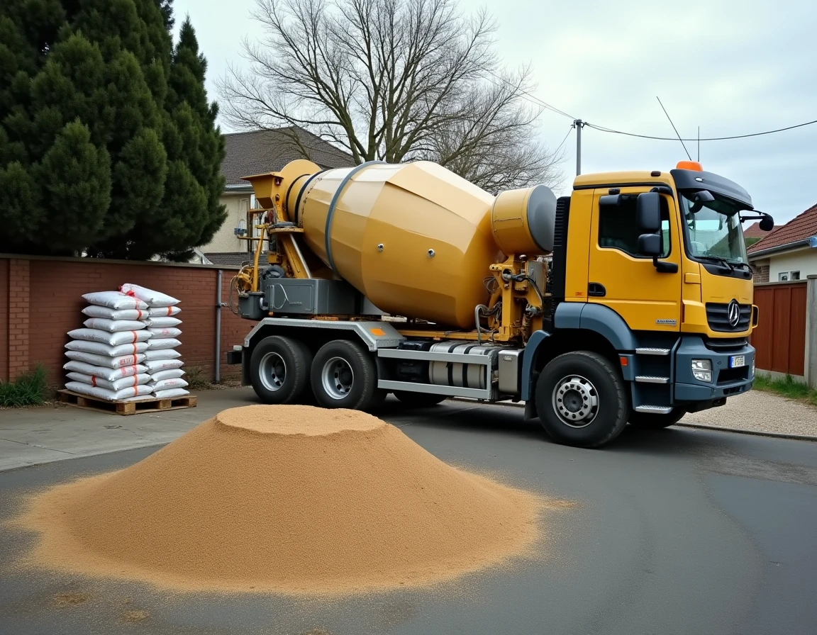 Toupie béton garée à côté d'un tas de sable sur un chantier de rénovation résidentielle