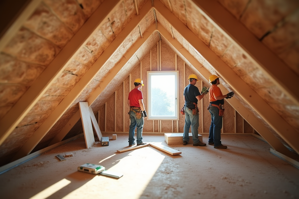 Equipe de travailleurs isolant un grenier en construction