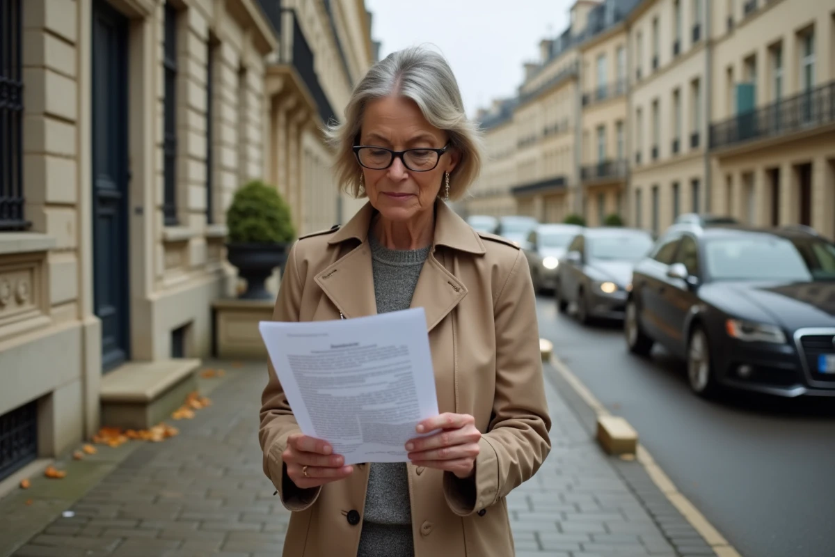 Femme consultant un document officiel devant une allée privée bloquée par un véhicule en stationnement gênant