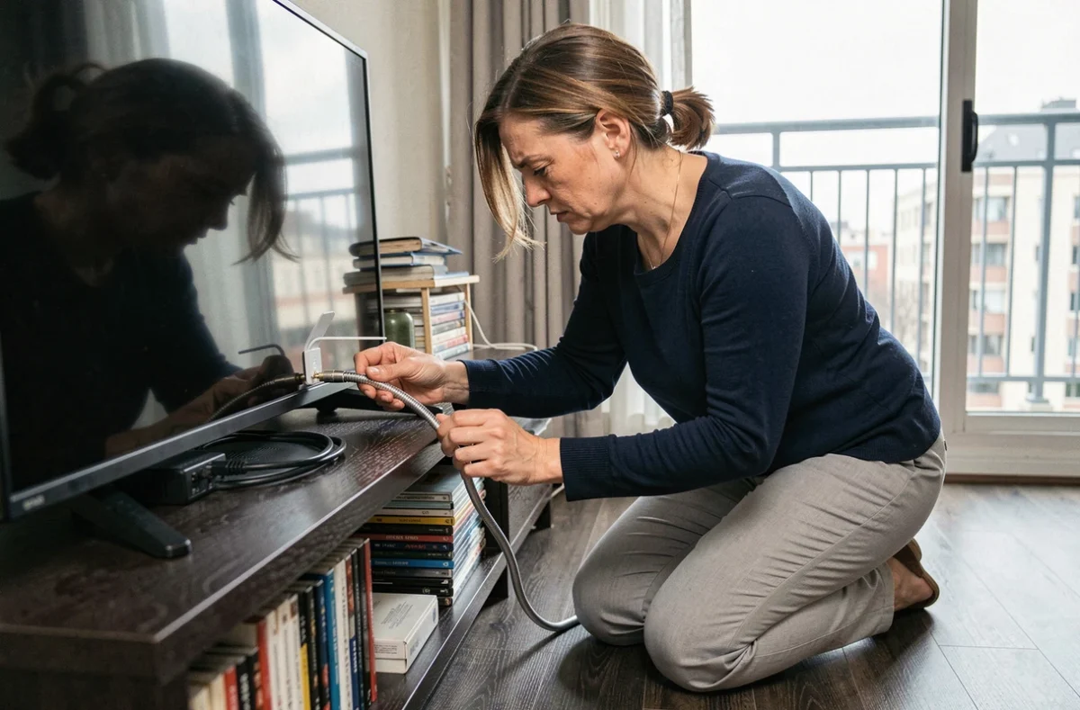 Femme vérifiant le branchement du câble coaxial d'une antenne TV intérieure derrière un téléviseur