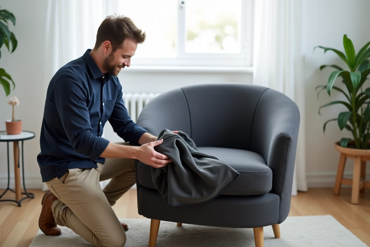 Homme vérifiant l'étiquette de taille d'une housse extensible avant de l'installer sur un fauteuil moderne